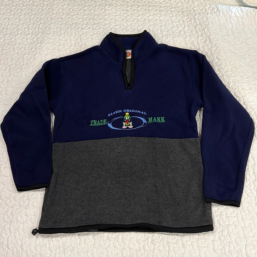Vntg Looney Tunes 1/4zip fleece navy/gray emb Marvin trademark adjustable bottom